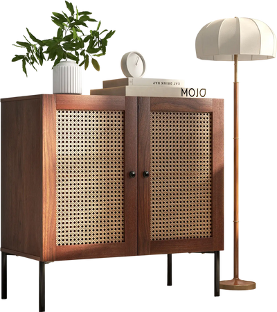 Costway Kitchen Sideboard Buffet Cabinet 2 Rattan Doors Adjustable Shelf Walnut 72389615 New