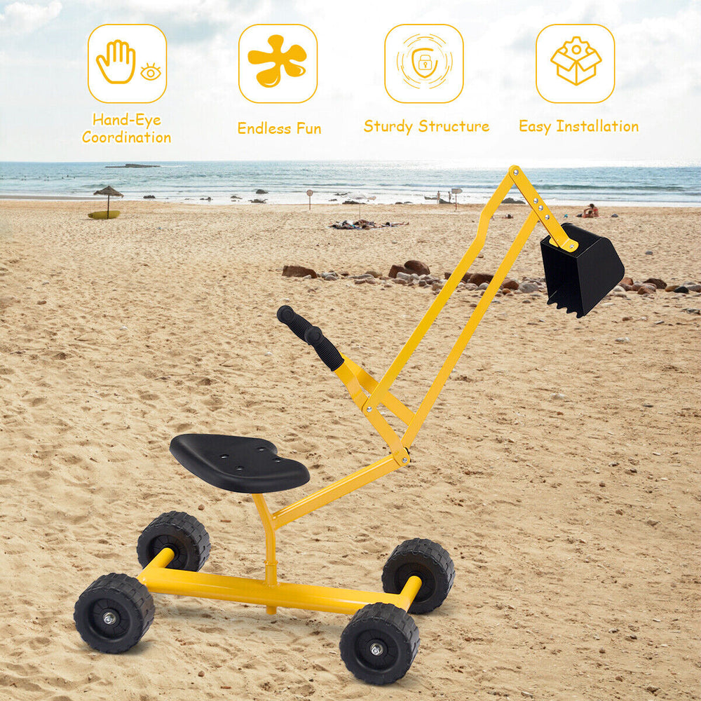 Heavy duty steel frame kid ride-on sand digger with trapezoid base for stability, ideal for outdoor beach fun.