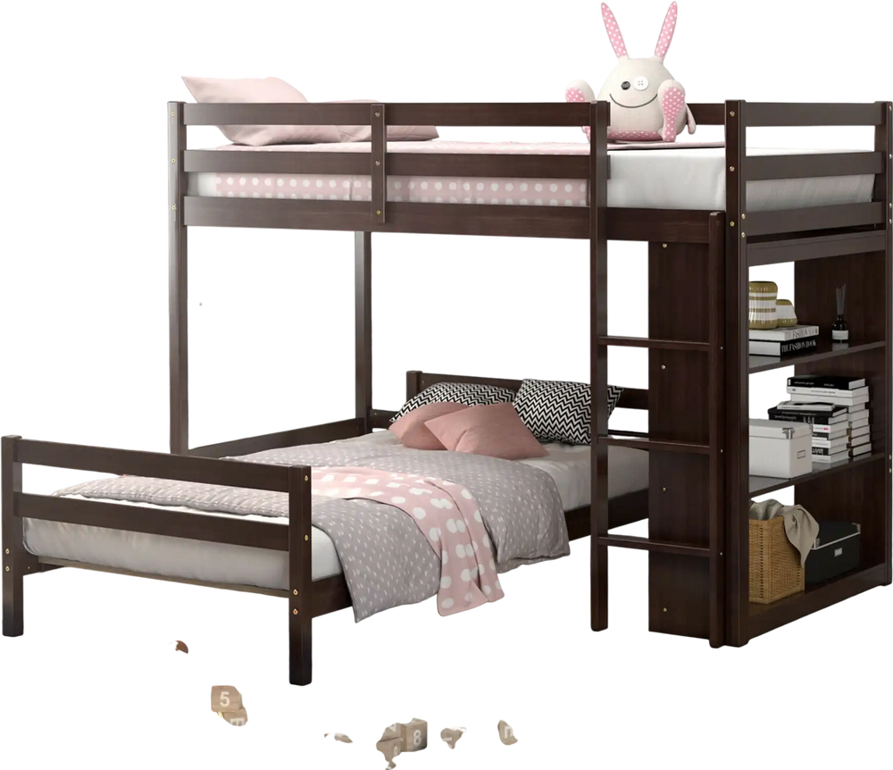 Twin over twin loft bunk bed in dark brown with a bookcase, perfect for small rooms and extra sleeping space.