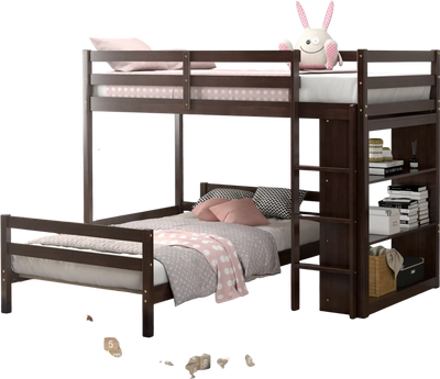 Costway Twin Over Twin Loft Bunk Bed Bookcase Dark Brown 18546309 New