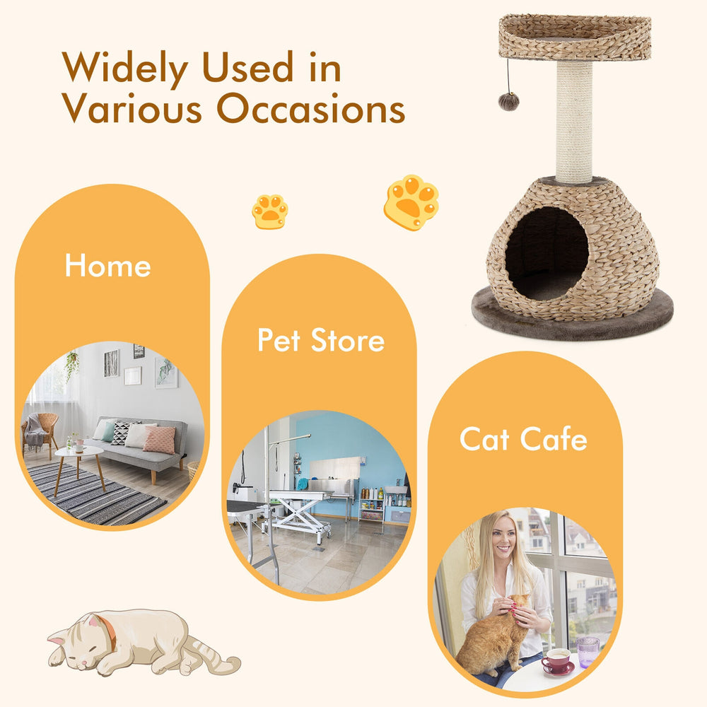 28-inch hand-made cat tree tower in coffee color with a jump platform, crafted from durable water hyacinth for playful.