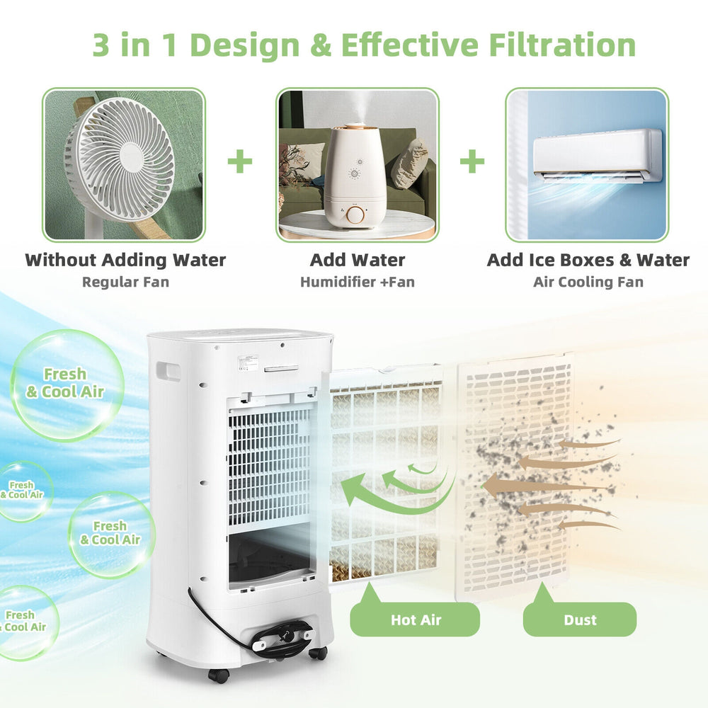 4-in-1 portable evaporative air cooler in white with humidification, air purification, and adjustable oscillation for.