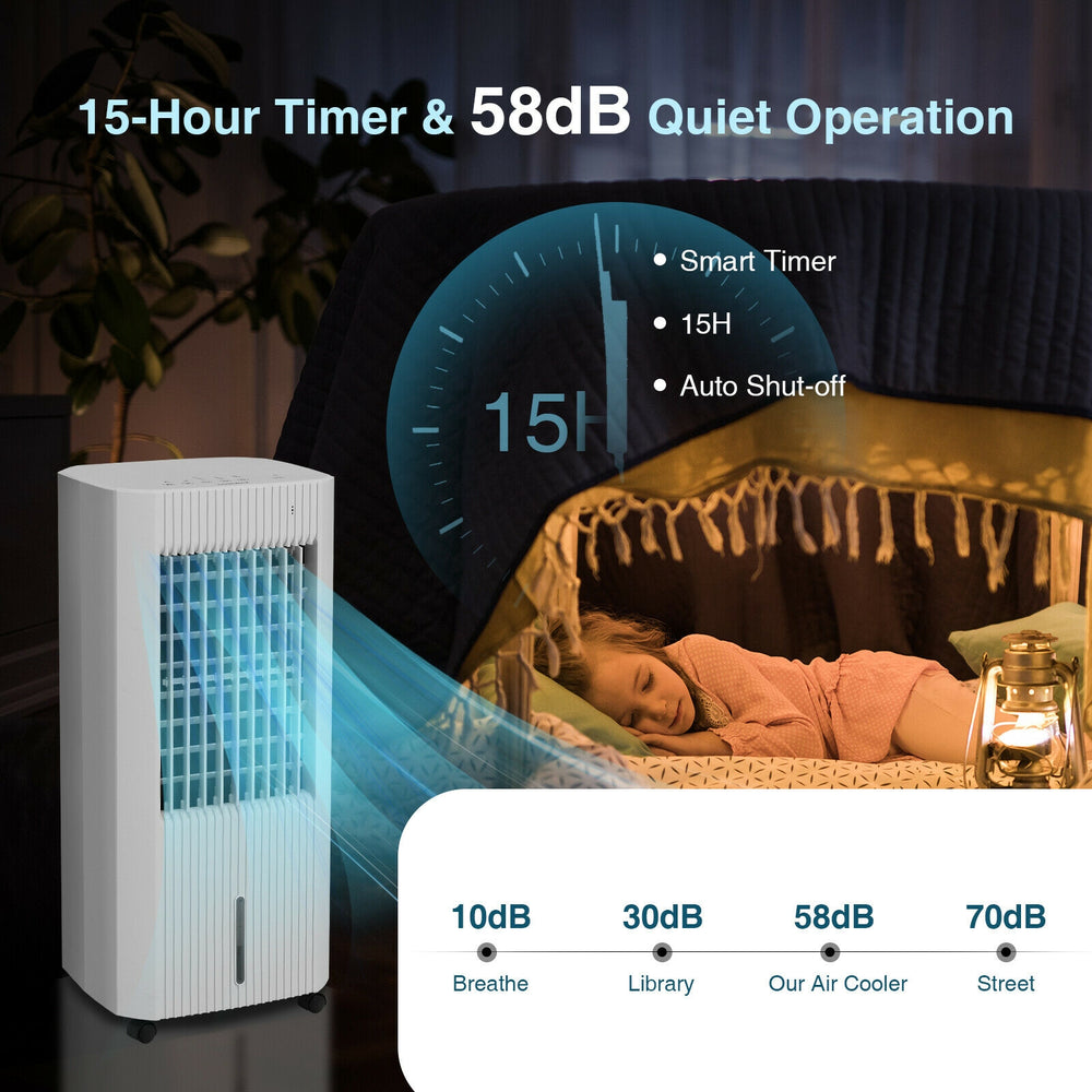 3-in-1 evaporative air cooler in white with adjustable airflow, 5L water tank, and remote control for home or office.