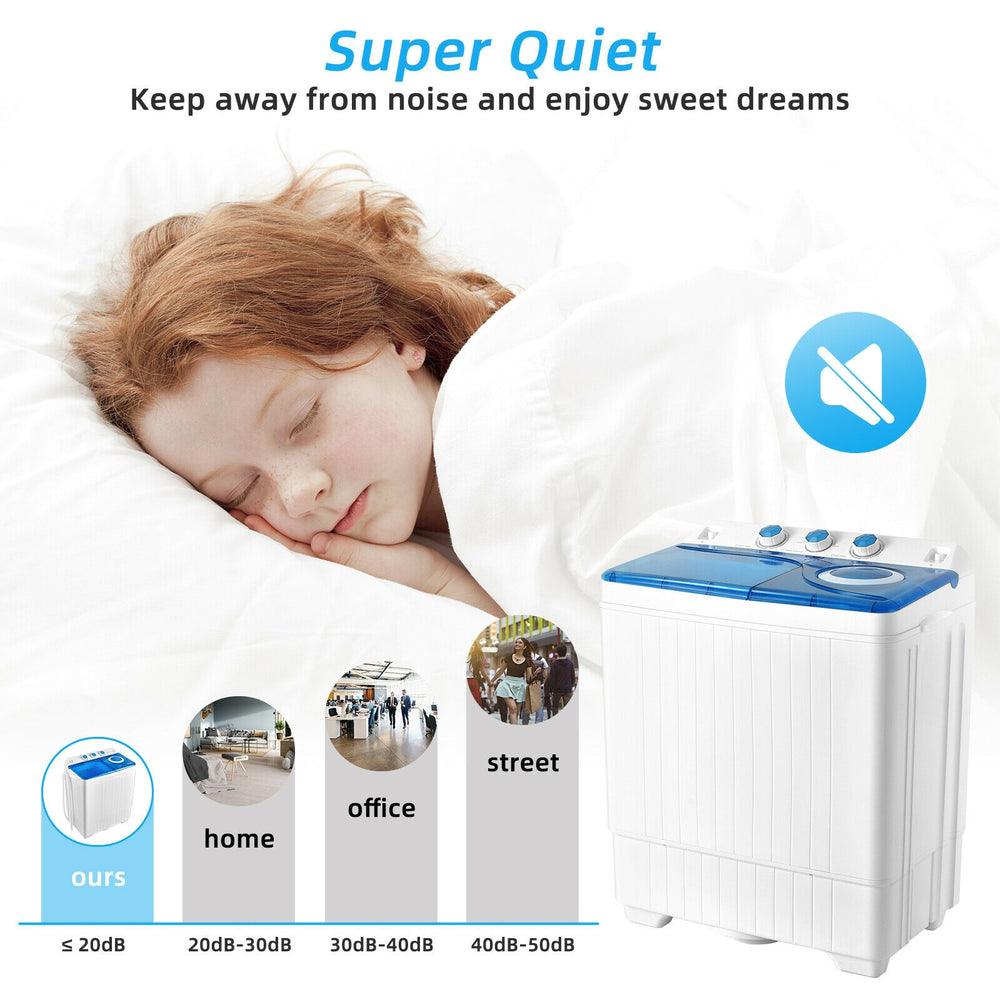 Portable semi-automatic twin tub washing machine in blue with 18 lbs washing and 8 lbs spinning capacity for efficient.