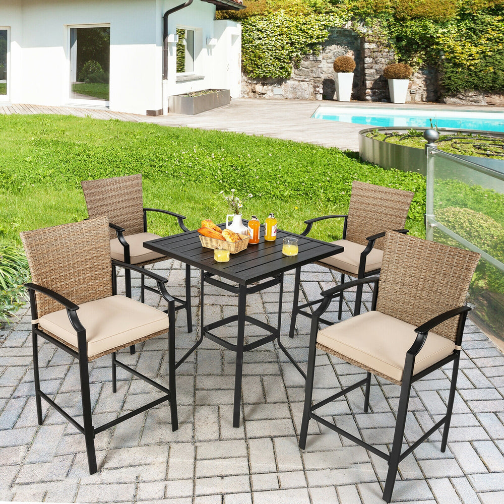 Outdoor 32-inch steel square bar table with powder-coated tabletop, suitable for dining and entertaining in various.