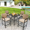 Patio rattan bar stools set of 4 with soft cushions, featuring ergonomic design, ideal for outdoor use by the poolside.