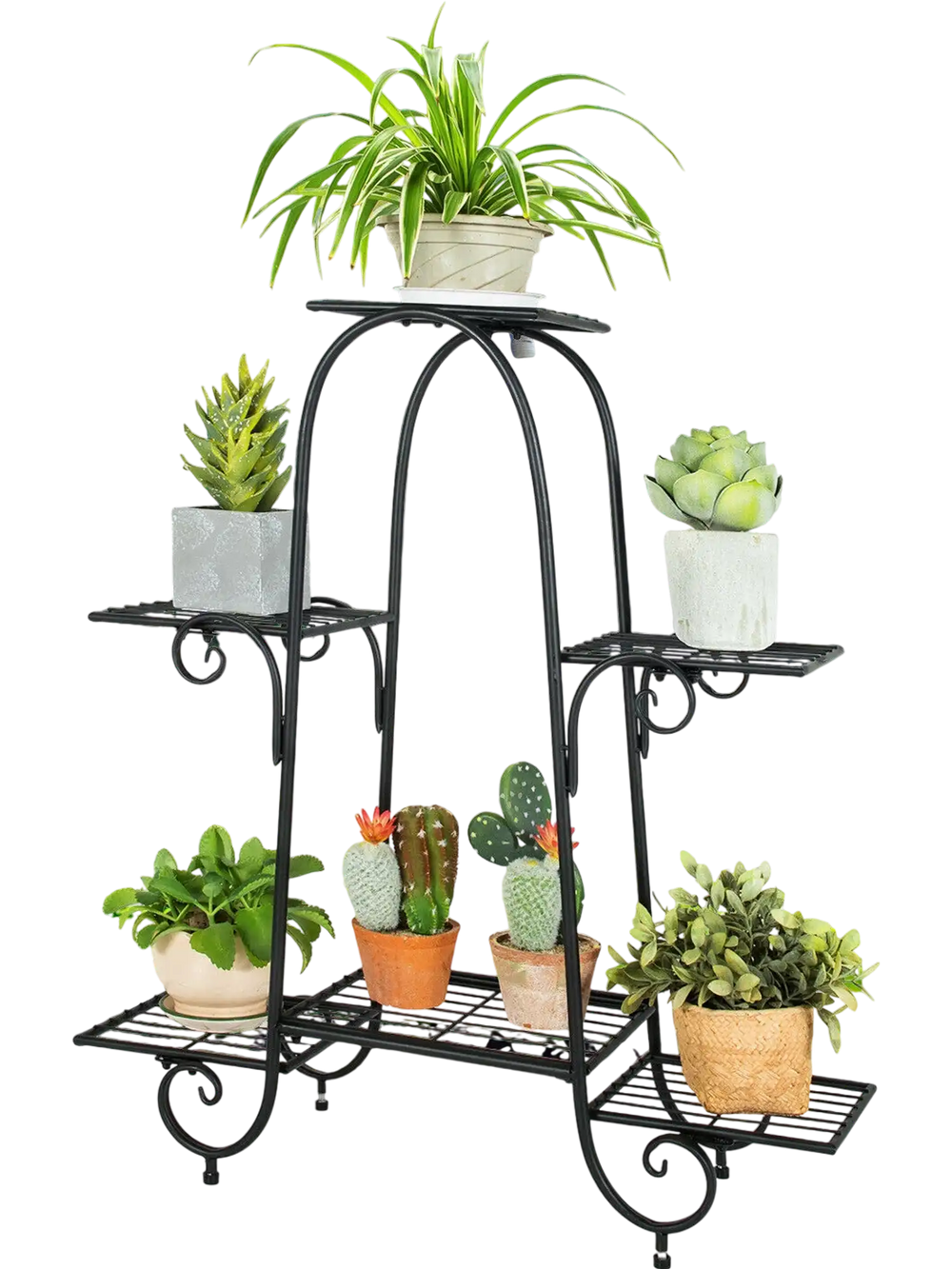 6-tier black plant stand with adjustable foot pads, showcasing plants in an organized and stylish manner for outdoor.