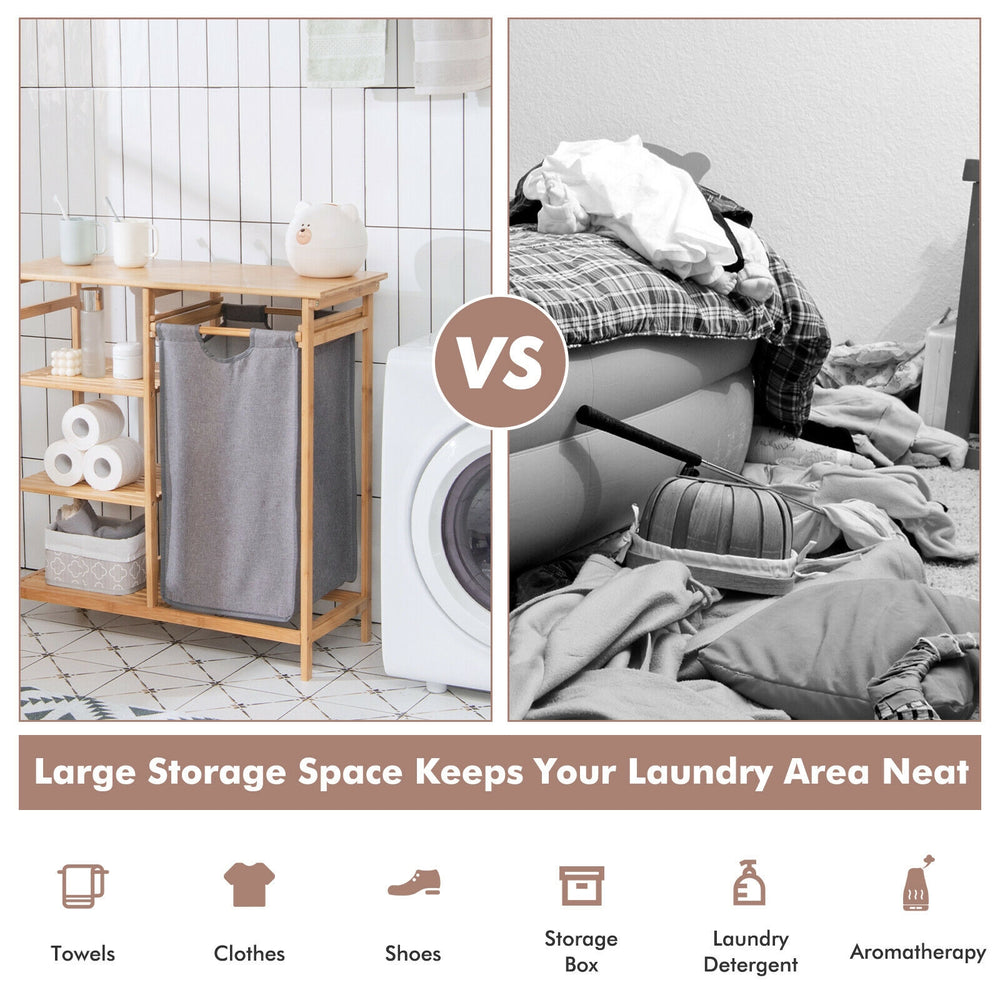 Bamboo laundry hamper stand with removable bag and 3-tier shelves for organized storage in laundry or bathroom.