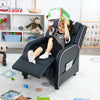 Kids recliner chair in pink with adjustable backrest and footrest, featuring side pockets for books and snacks.