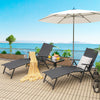 Two black foldable chaise lounge chairs with adjustable footrests, perfect for poolside relaxation or outdoor use.