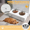 Pet feeder station with two removable stainless steel bowls and storage cabinet, designed for easy feeding and.