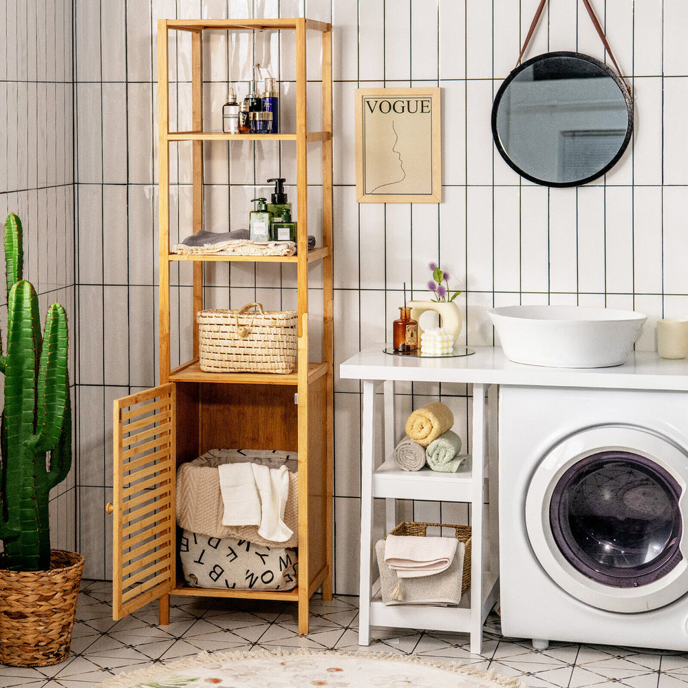 Slim bamboo floor storage cabinet with shutter door, featuring four shelves for compact bathroom organization.