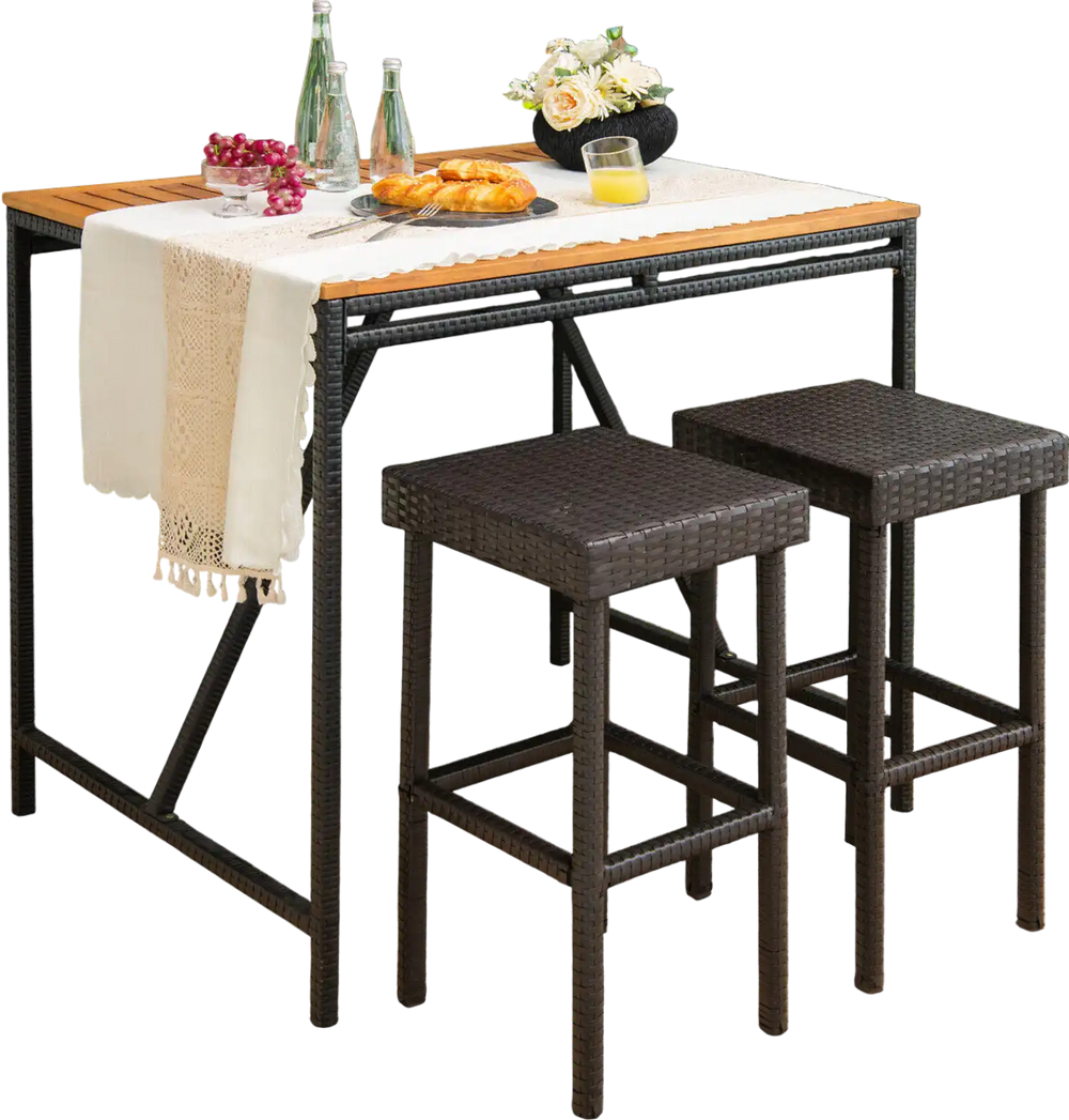 Two brown patio rattan bar stools with footrests, perfect for outdoor use in backyard or poolside settings.