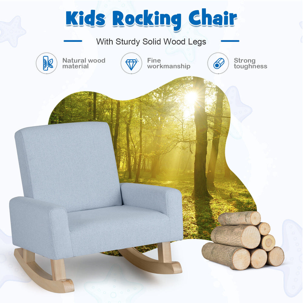 Kids rocking chair in blue with solid wood legs, ergonomic design for comfort, perfect for reading and relaxing.