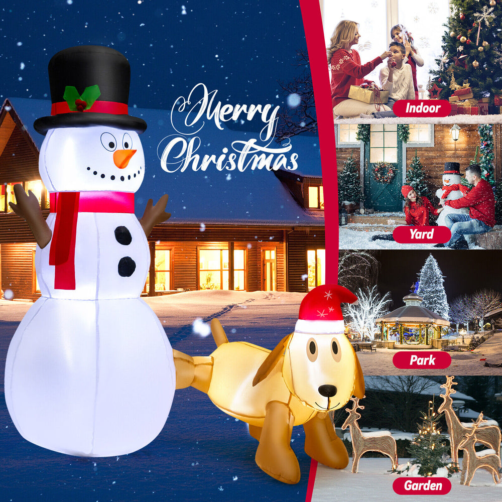 6-foot tall inflatable snowman and dog set with LED lights for festive outdoor holiday decoration in yard or garden.