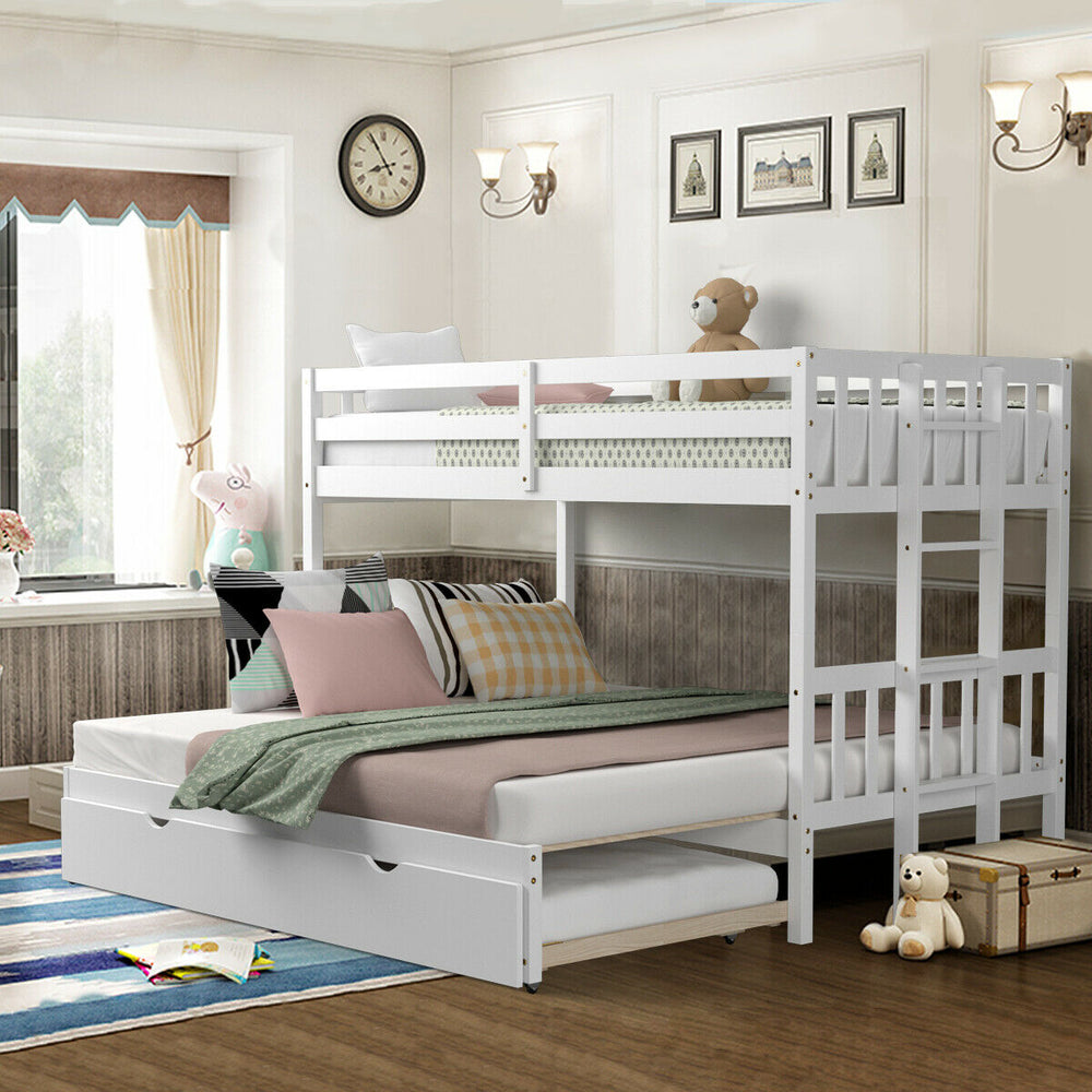Twin Pull-Out Bunk Bed with Trundle Wooden Ladder-White - Gallery View 1 of 11