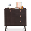 Brown 3-drawer sideboard storage cabinet with adjustable shelf and leather handles, perfect for living room or office.