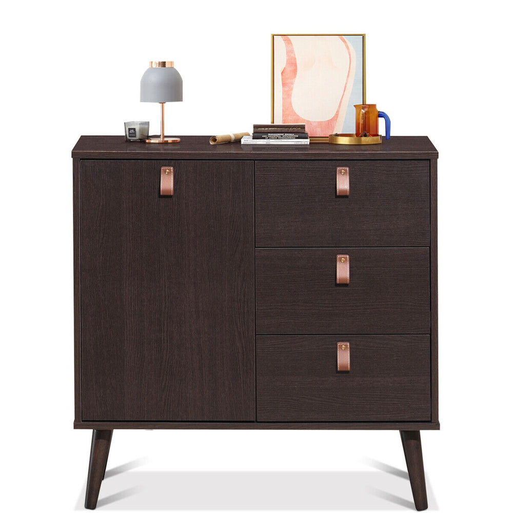 Brown 3-drawer sideboard storage cabinet with adjustable shelf and leather handles, perfect for living room or office.