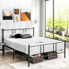 Full/Queen size platform bed frame with high headboard in all-black steel, designed for sturdy support and under-bed.