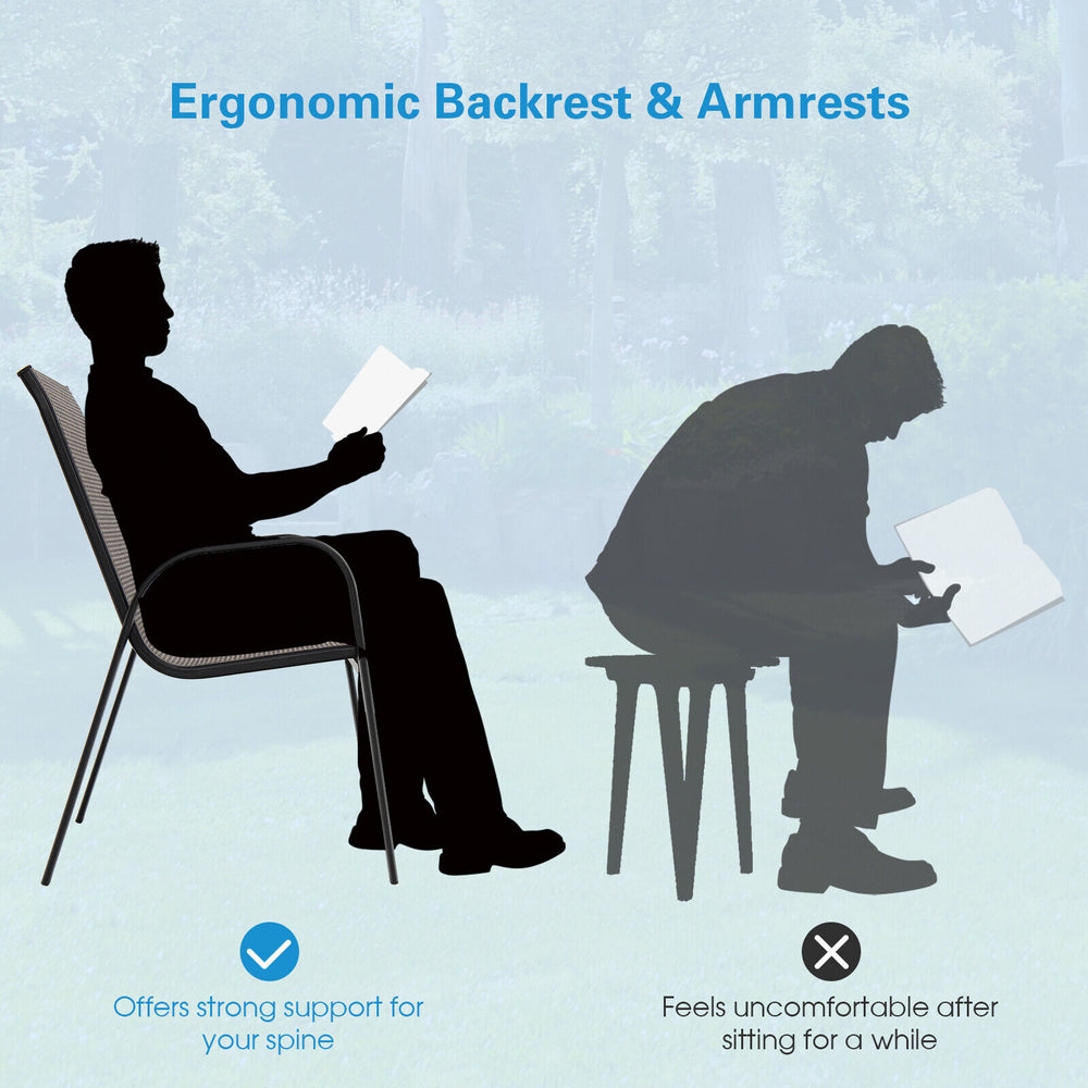 Stackable patio dining chair with ergonomic curved armrests and breathable fabric, ideal for outdoor spaces.