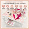 Kids vanity table set in pink with tri-folding mirror and ample storage drawer for makeup, toys, and accessories.