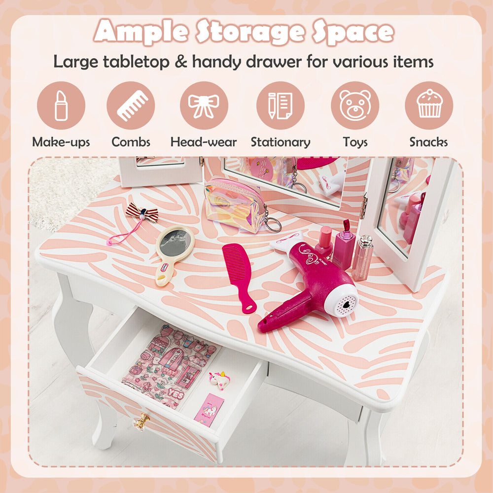 Kids vanity table set in pink with tri-folding mirror and ample storage drawer for makeup, toys, and accessories.