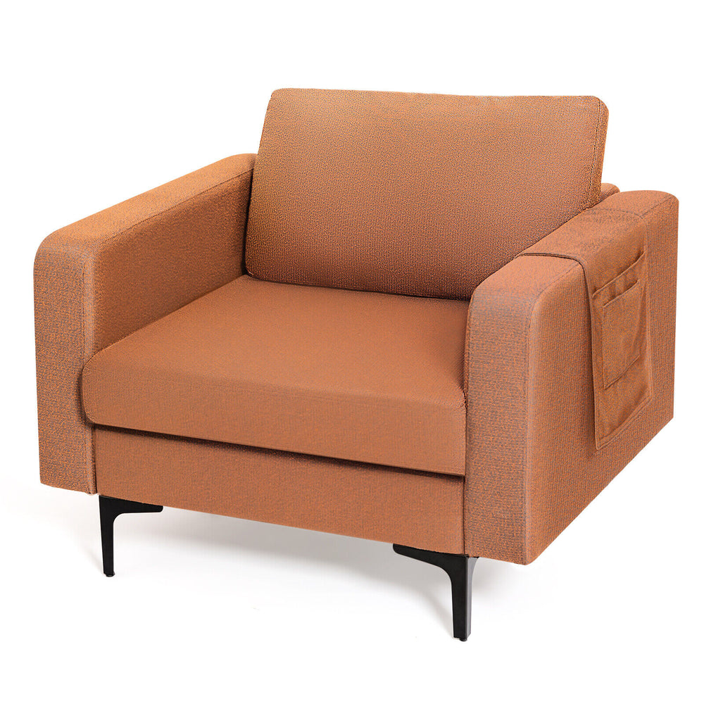 Modern orange accent armchair with side storage pocket, ergonomic design, and durable frame for living room or office.