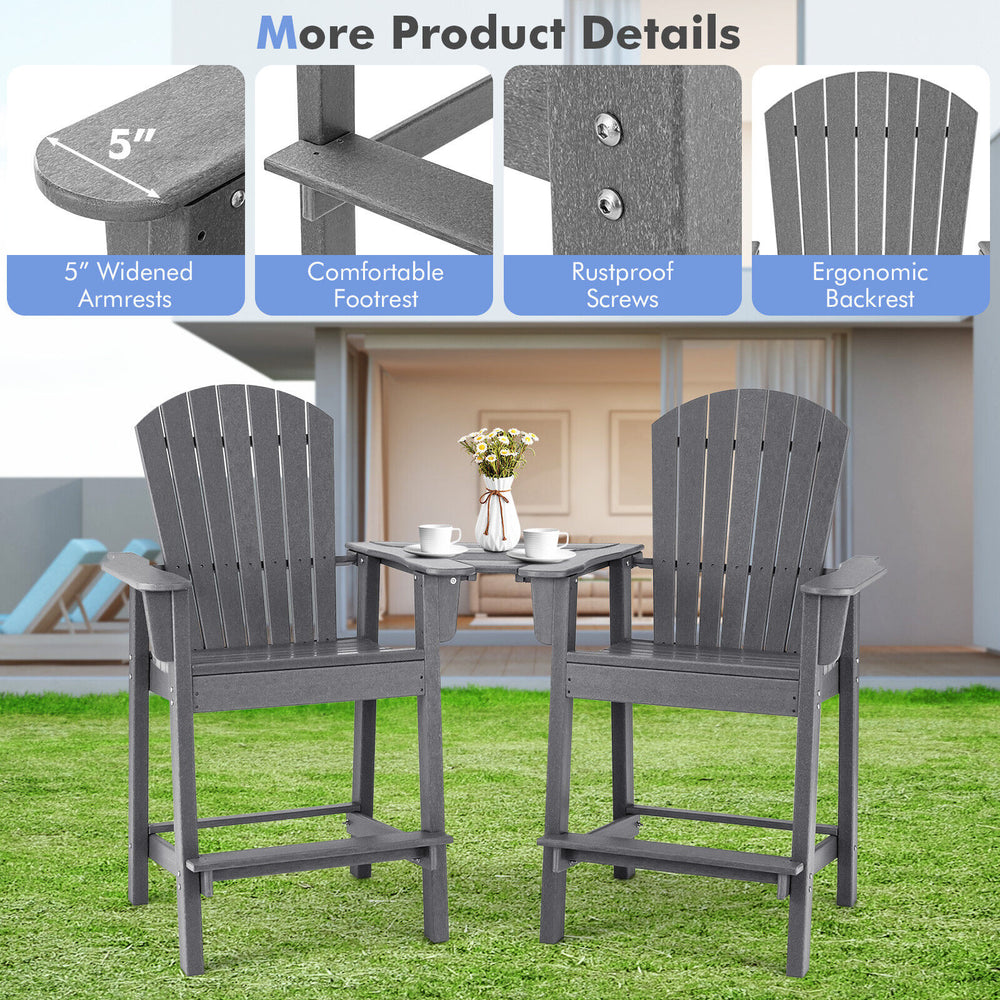 Tall gray HDPE Adirondack chairs with ergonomic backrest and middle tray, perfect for balcony or poolside relaxation.