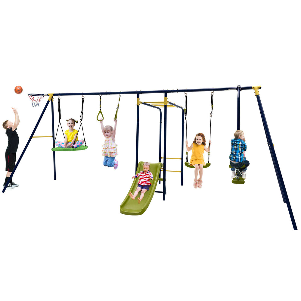 A 7-in-1 outdoor swing set featuring gym rings, slide, and basketball hoop, perfect for backyard fun for kids aged 3-10.