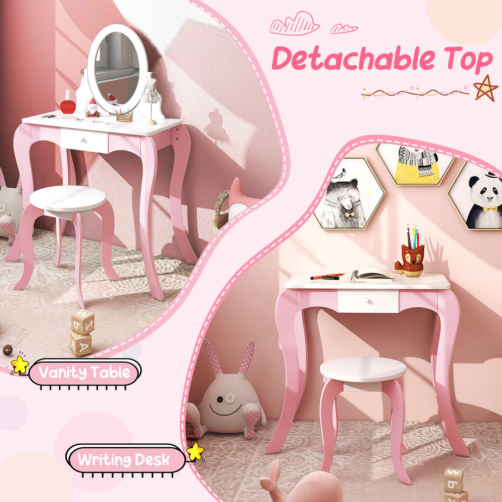 Kids vanity table with detachable top, 360° rotatable mirror, and storage, perfect for imaginative play and writing.