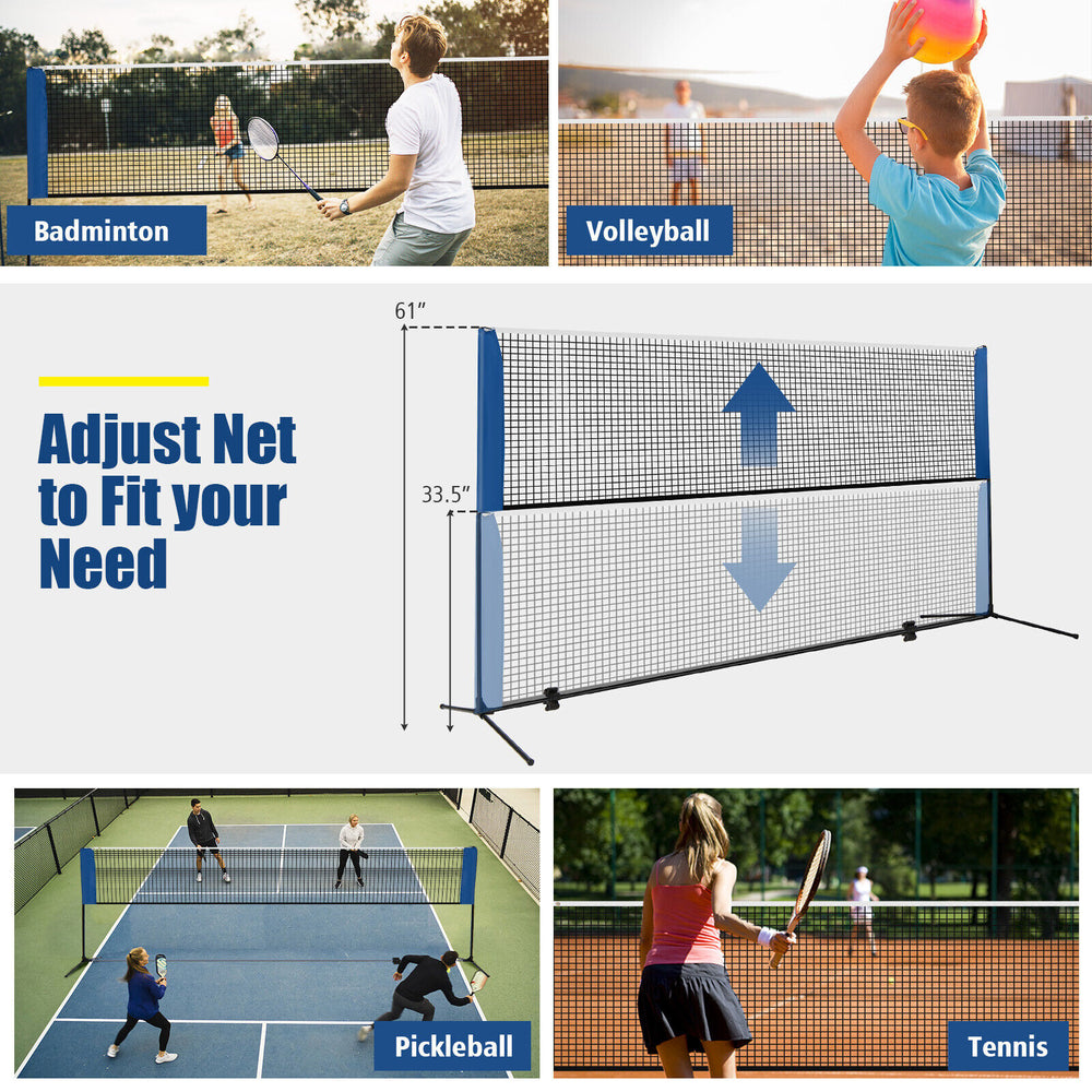 Adjustable 10-foot badminton net stand for volleyball and pickleball, featuring a sturdy metal frame and portable carry.