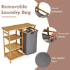 Bamboo laundry hamper stand with removable sliding bag and 3-tier open shelves for organized storage in any space.