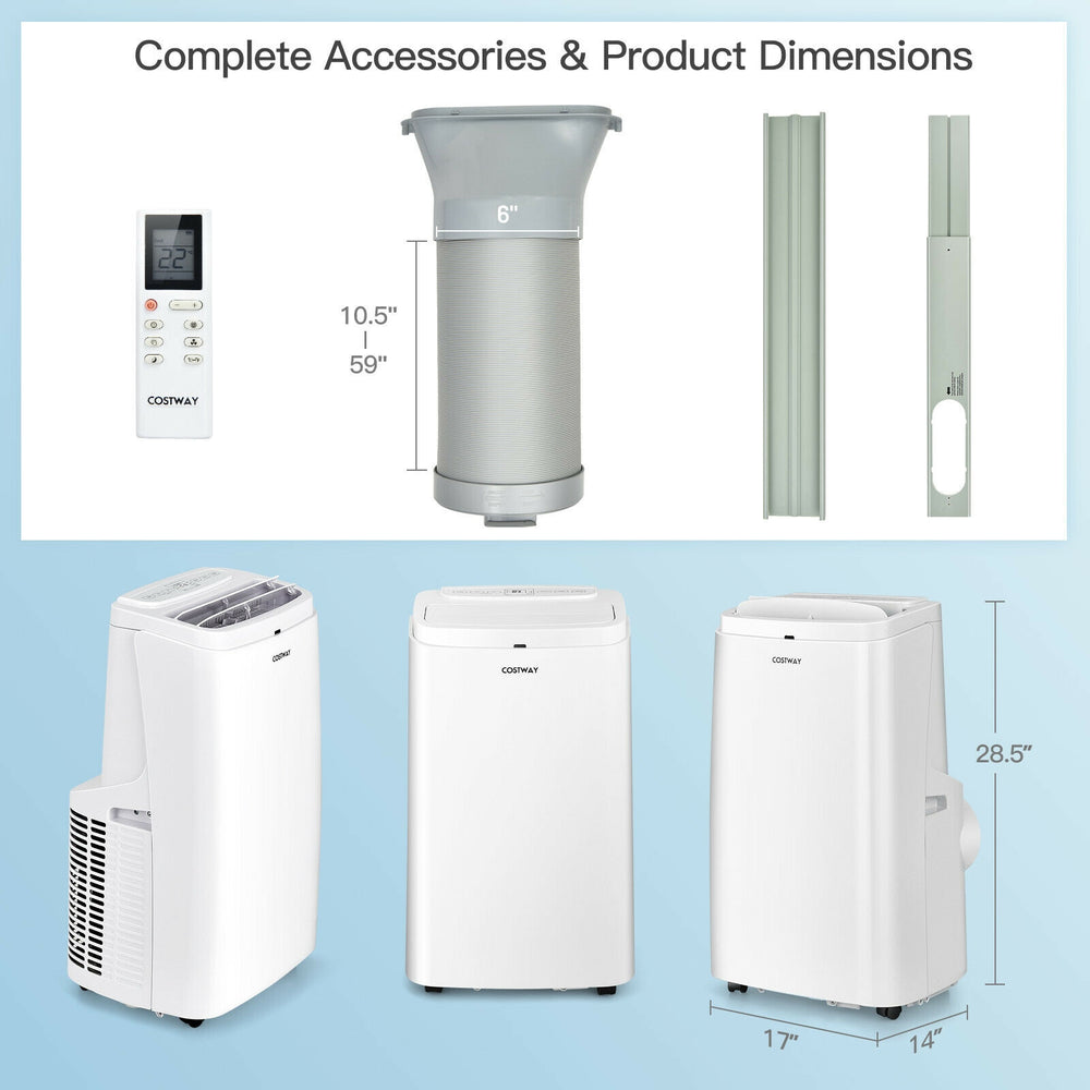 9000BTU portable air conditioner in white, showcasing cooling, drying, and ventilating modes with remote control for.