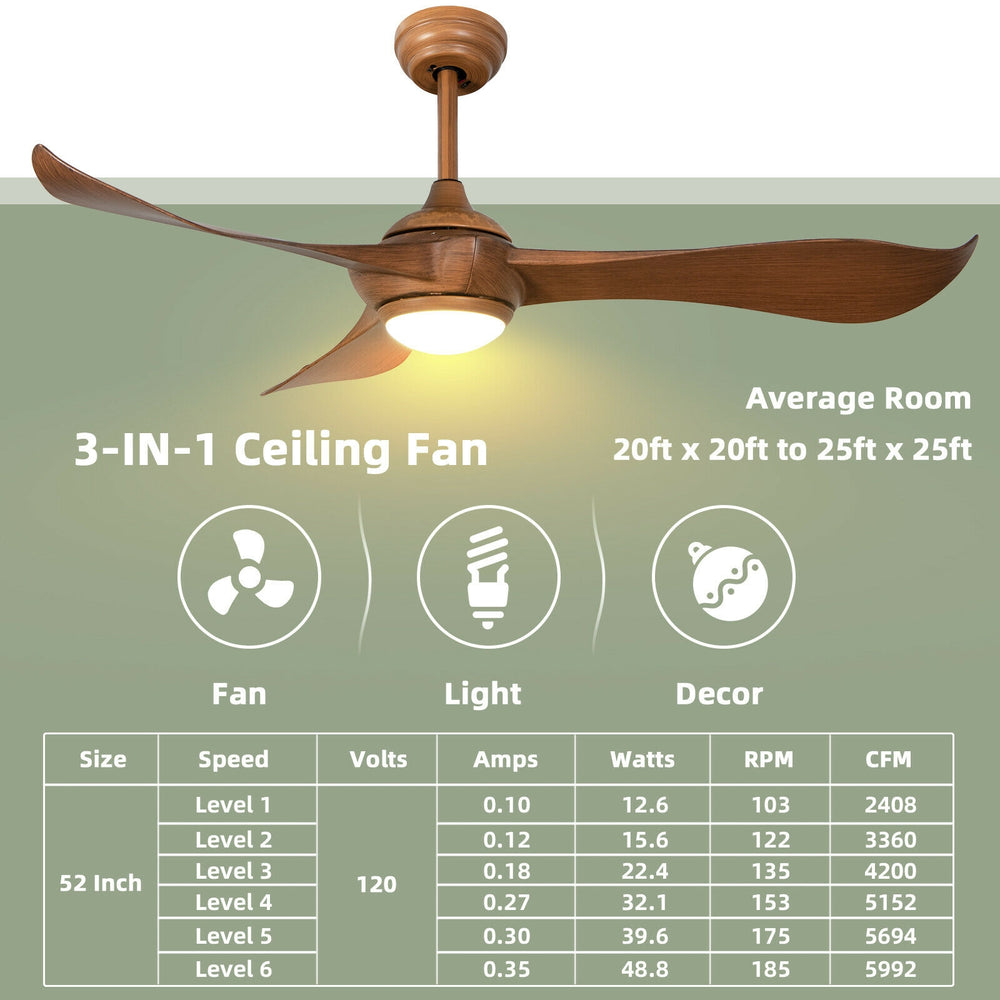 52-inch ceiling fan with light and reversible DC motor, featuring walnut blades for elegant decor in any room.
