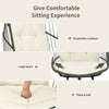 Hanging wicker egg chair with beige cushions, featuring a spacious design for optimal comfort and safety.