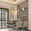Modern LED pendant light with adjustable suspender, golden finish, ideal for stylish kitchen and living room lighting.