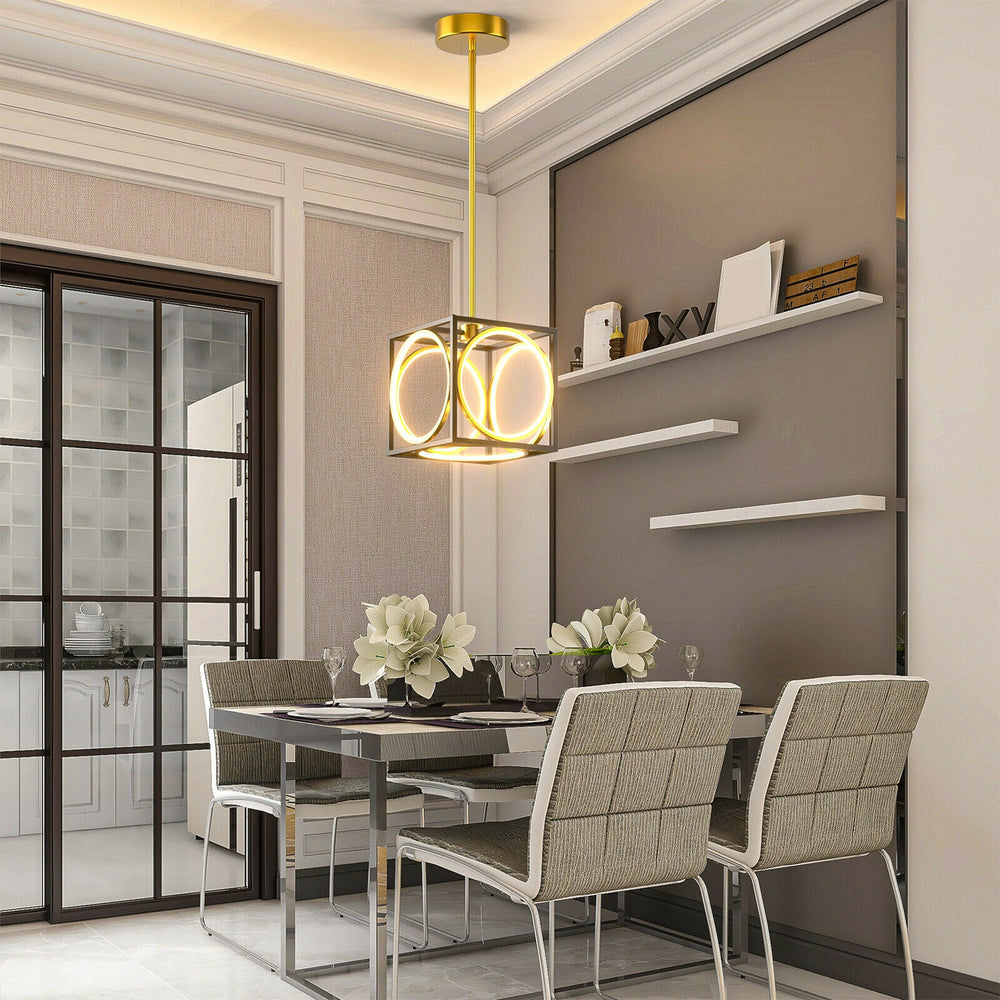 Modern LED pendant light with adjustable suspender, golden finish, ideal for stylish kitchen and living room lighting.
