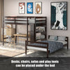 Twin over twin loft bunk bed in dark brown with a bookcase, ideal for small rooms and versatile under-bed space.