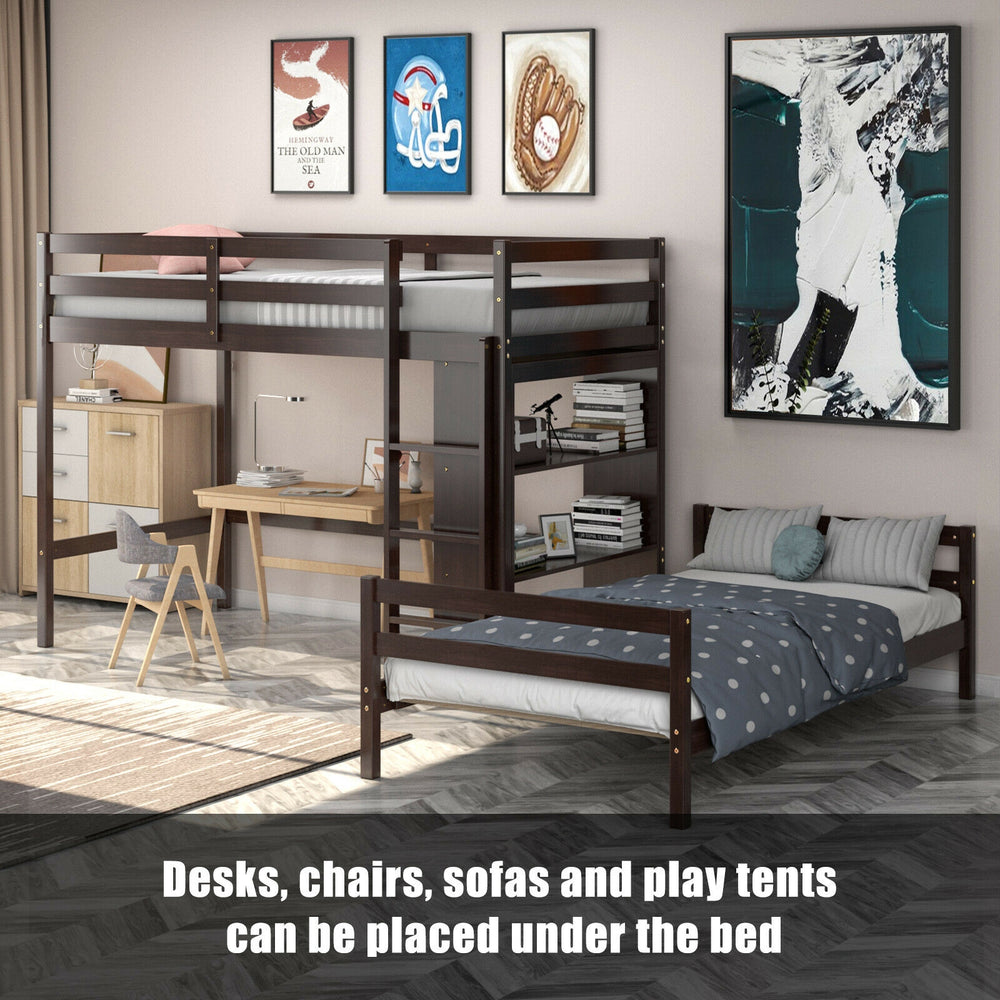 Twin over twin loft bunk bed in dark brown with a bookcase, ideal for small rooms and versatile under-bed space.