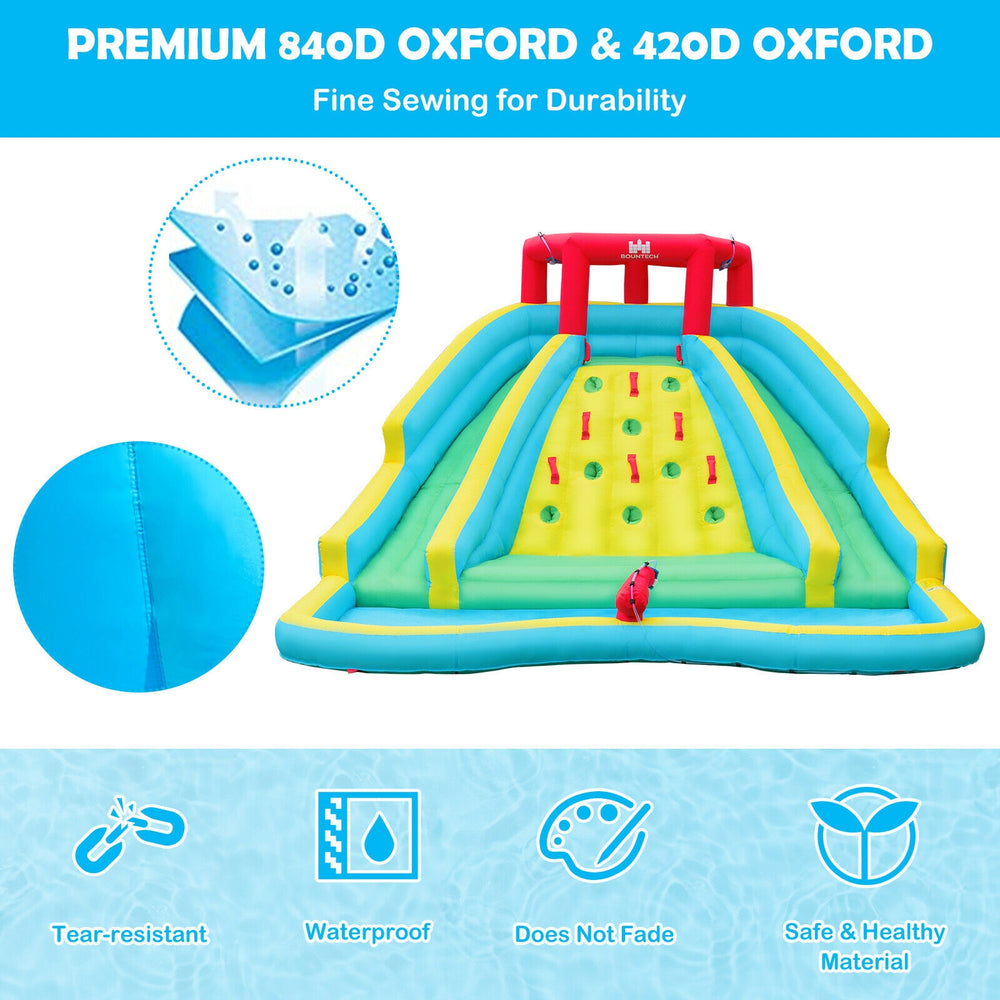 Double side inflatable water slide park with climbing wall, made from 840D oxford, perfect for outdoor summer fun.