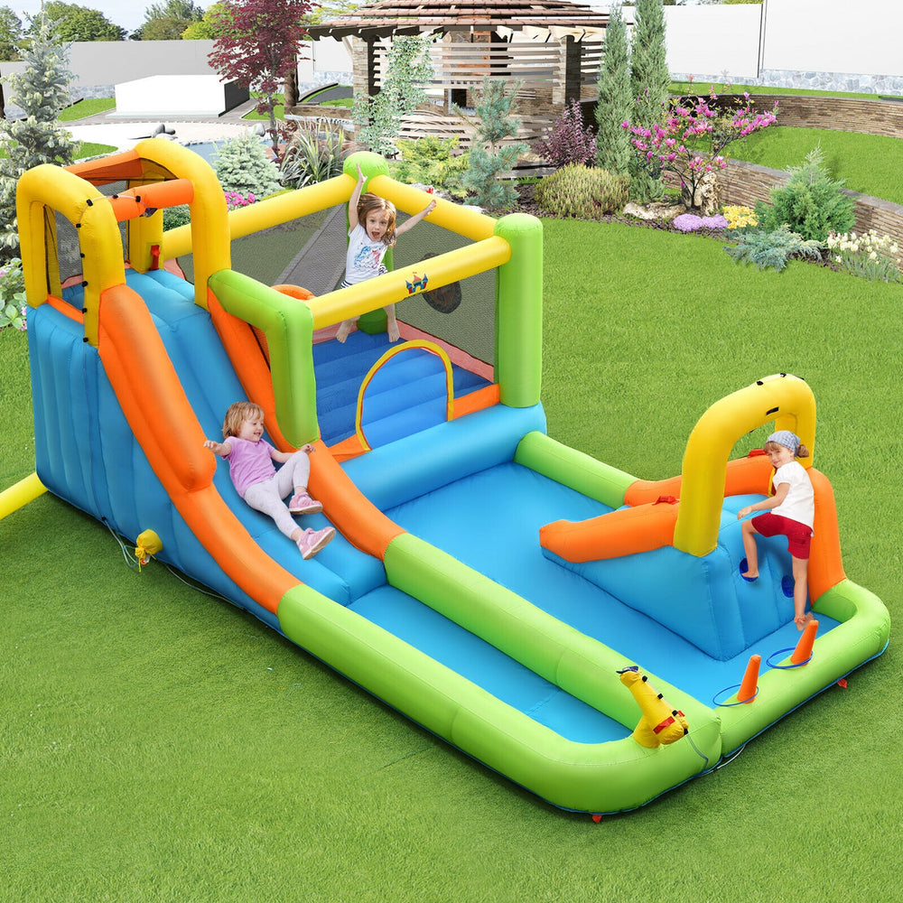 Colorful 8-in-1 inflatable water slide bounce house with splash pool, climbing wall, and safety netting for outdoor fun.