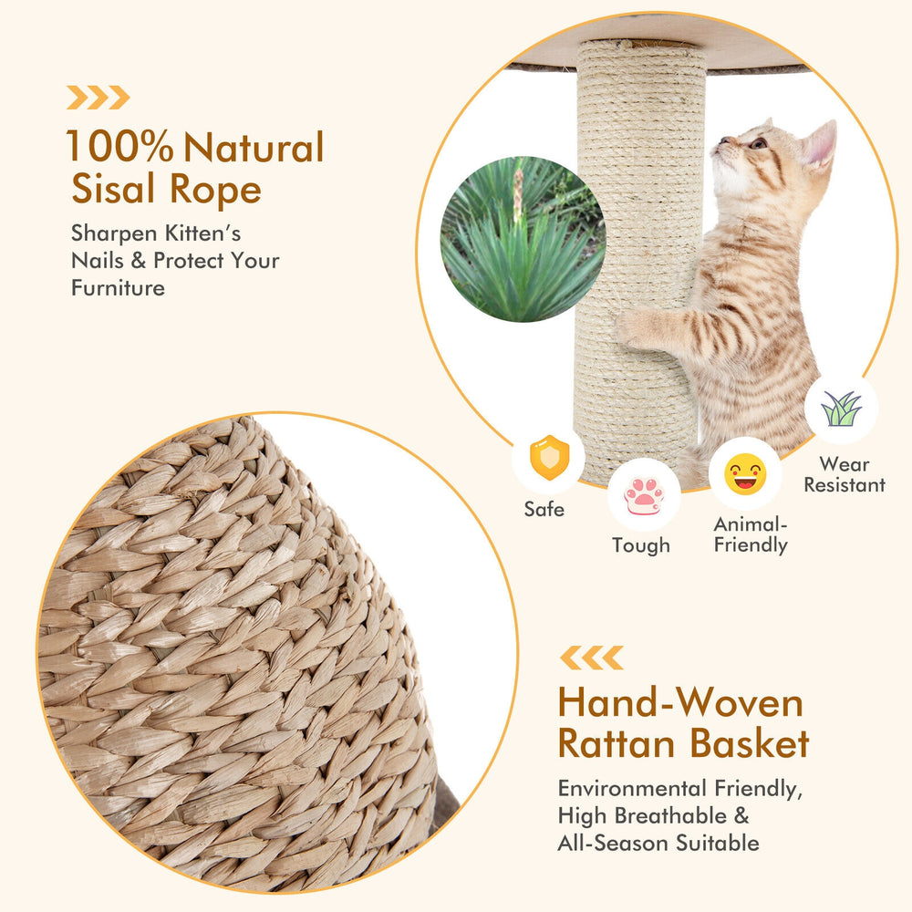 Hand-made cat tree tower with sisal rope and water hyacinth, featuring a cozy platform and interactive ball for playful.