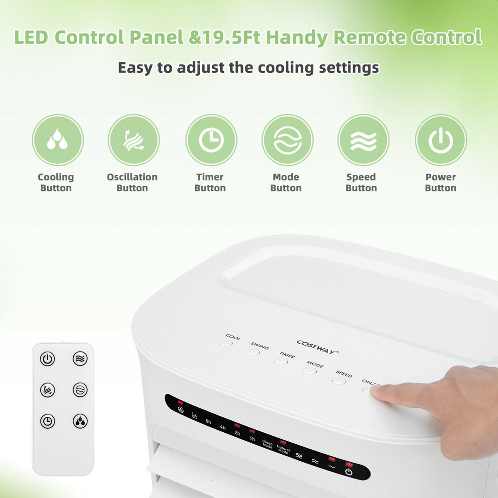 Close-up of the LED control panel and remote for the 4-in-1 portable evaporative air cooler in white.