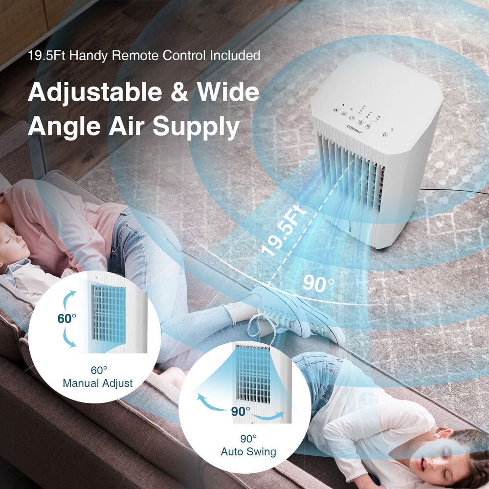 3-in-1 evaporative air cooler in white with adjustable airflow, remote control, and 5L water tank for versatile cooling.