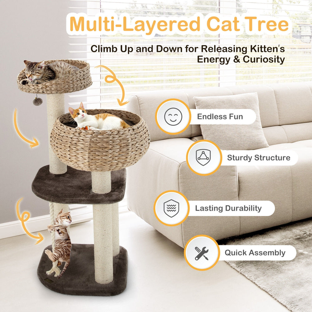 Multi-layered 41-inch rattan cat tree with napping perch, sisal posts, and soft cushions for playful kittens.