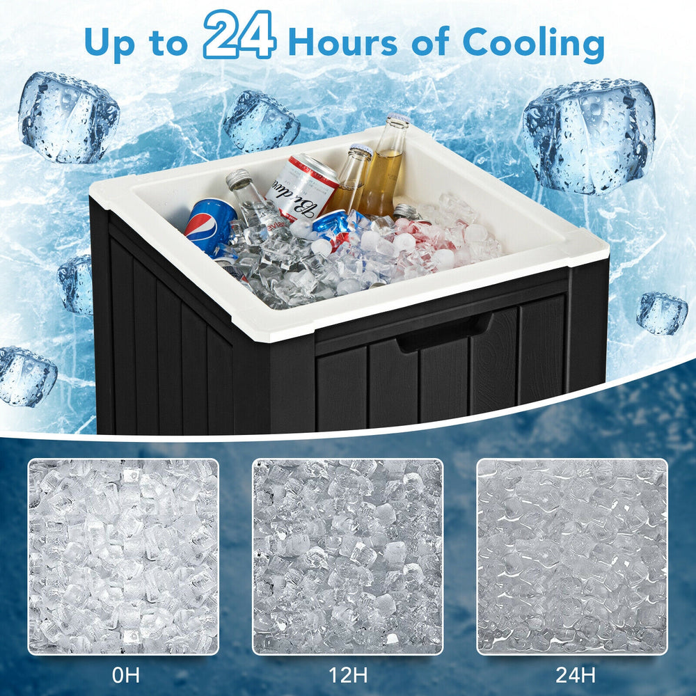 10-gallon black storage cooler filled with ice, designed for outdoor activities, keeps drinks cool for over 24 hours.