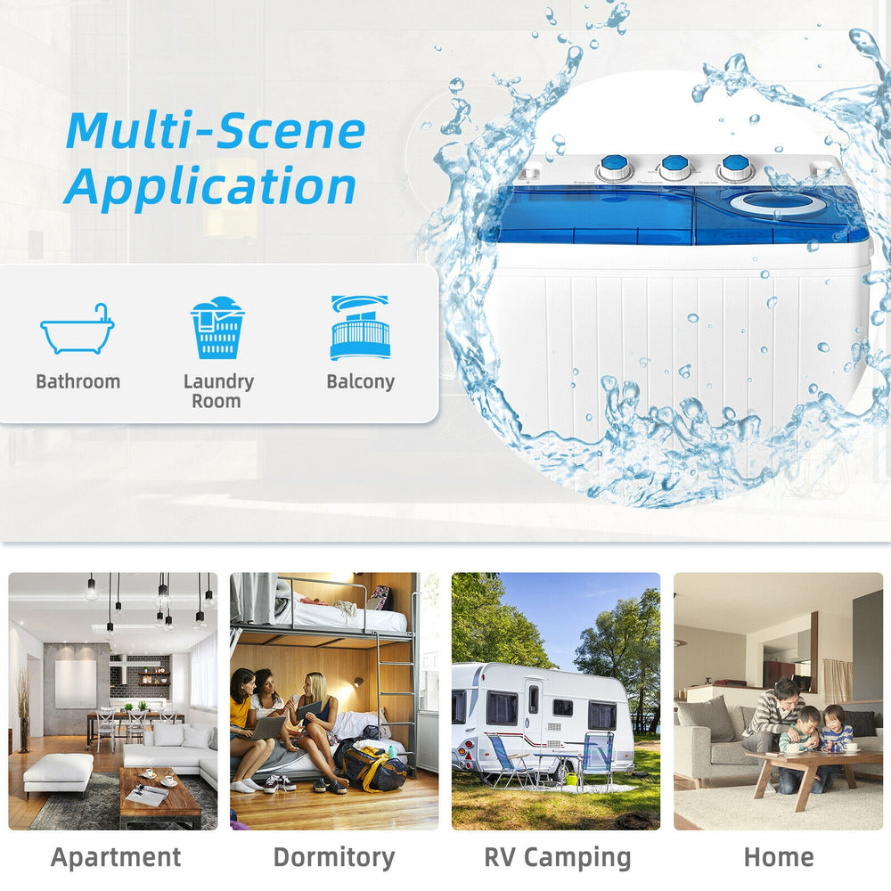 26lbs portable semi-automatic twin tub washing machine in blue, ideal for apartments and RVs, featuring dual motors and.