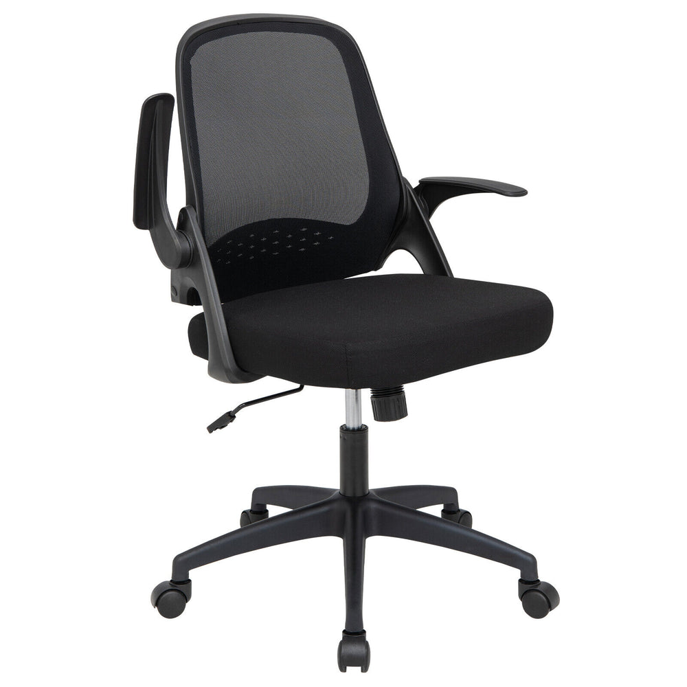 Adjustable black mesh office chair with flip-up armrests, ergonomic backrest, and thick cushion for comfort and support.