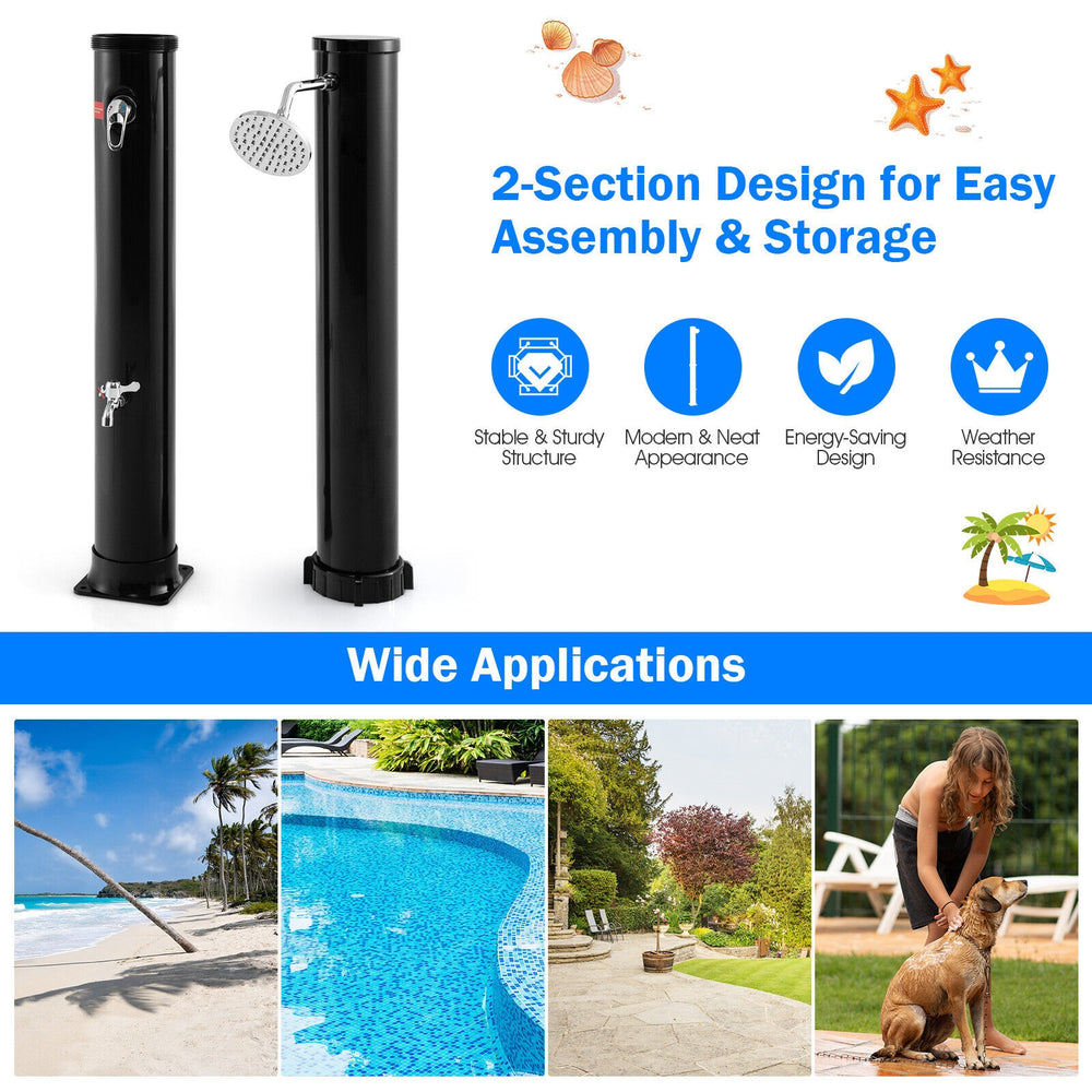 7.2 feet solar-heated outdoor shower in black with a free-rotating shower head, ideal for convenient outdoor use.