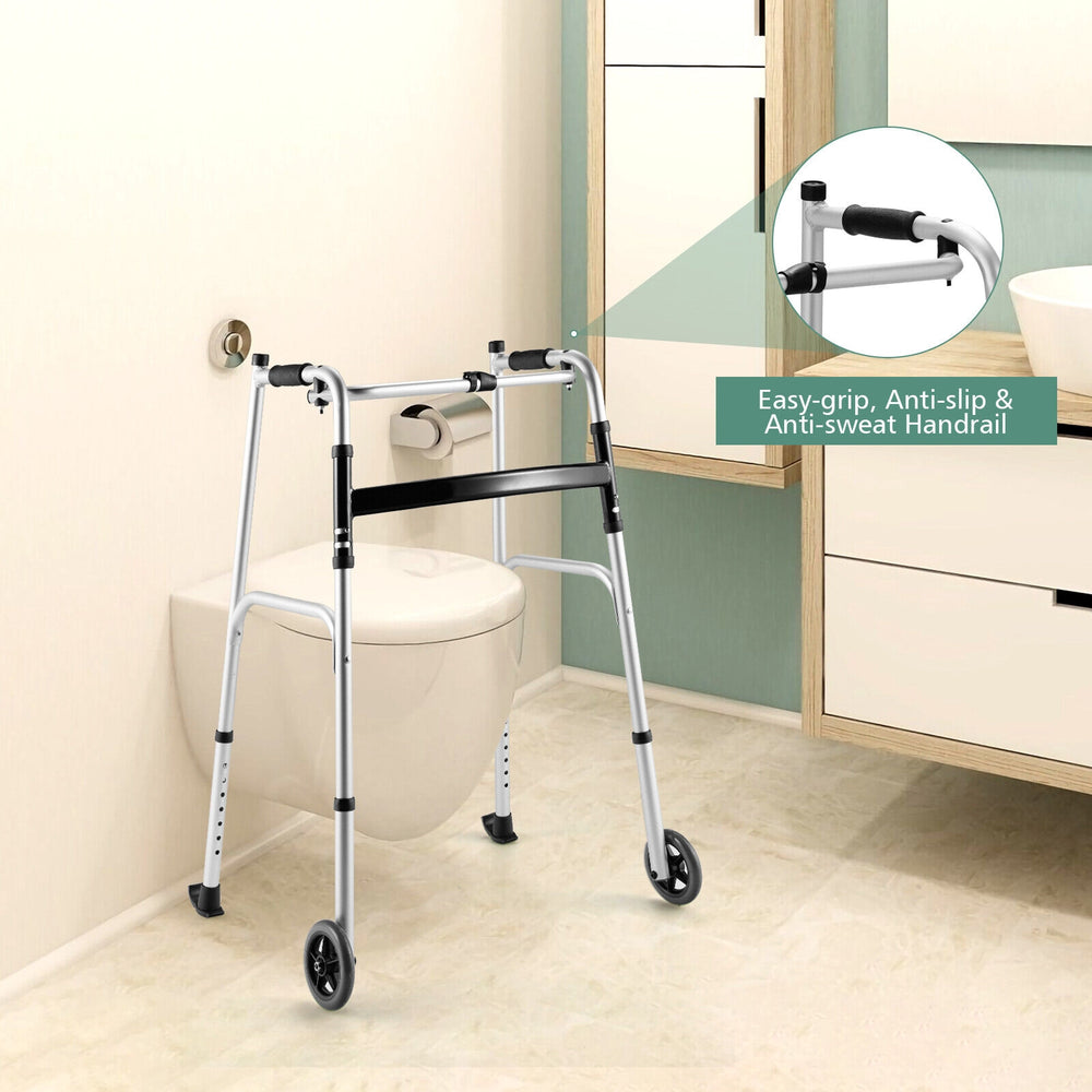 Height adjustable rollator walker with seat, aluminum frame, anti-slip handrail, and 5" wheels for easy mobility.